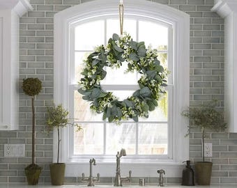 ユーカリリース | 屋外用防水リース | 素朴なリース | ウェディングアーチデコレーション | 人工グリーンリース | ファームハウス風壁掛け