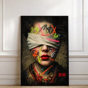 Blindfold Art Portrait Poster, Neon Graffiti Woman Wall Art, Modern Statement Print, Digital Download