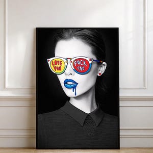Pop Art Woman Portrait Poster, Colorful Sunglasses Wall Art, Modern Statement Print, Digital Download