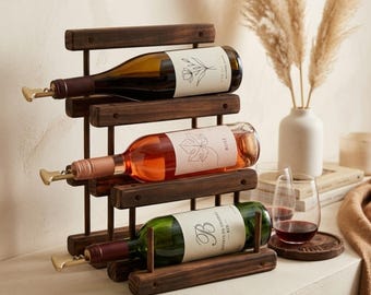 Botellero de madera hecho a mano, soporte para botellas de vino de madera natural, organizador de almacenamiento de vino de sobremesa, decoración minimalista para encimera de cocina.
