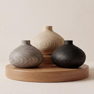 May include: Three wooden vases in shades of grey, natural, and black. The vases have a rounded shape with a narrow neck and are displayed on a round wooden platform. The wood grain is visible, showcasing the natural patterns.
