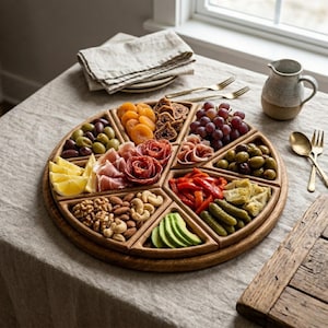 May include: A round wooden serving platter with multiple compartments, filled with an assortment of appetizers. The platter includes olives, dried apricots, figs, grapes, cured meats, nuts, and sliced vegetables. The platter is set on a neutral-colored tablecloth.