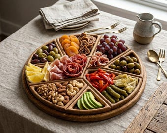May include: A circular wooden serving board with segmented compartments, laden with a variety of appetisers. The board features olives, dried apricots, figs, grapes, cured meats, nuts, and sliced vegetables. It rests on a neutral-toned tablecloth.