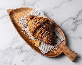 Bandeja de servir de madera hecha a mano con forma de hoja, plato de madera de acacia para embutidos y decoración del hogar, bandeja de cocina de estilo bohemio chic.