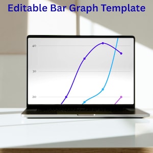 May include: A laptop displays a bar graph template with the text "Editable Bar Graph Template" in blue. The graph features three colored lines: purple, light blue, and pink, illustrating data trends against a numerical scale.
