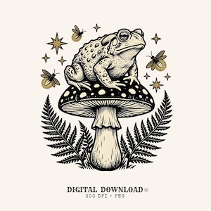 May include: A black and beige graphic illustration featuring a toad perched atop a spotted mushroom, surrounded by three flying bees, fern fronds, and stars. The text at the bottom reads DIGITAL DOWNLOAD 300 DPI + PNG.