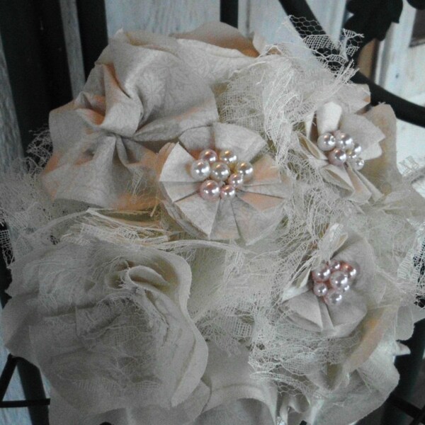 Rustic Wedding Bouquet, Bridal, Sample Sale, Vintage inspired, Cotton, Pearl, Lace Cream Ivory Fabric Flower Bouquet, weddings