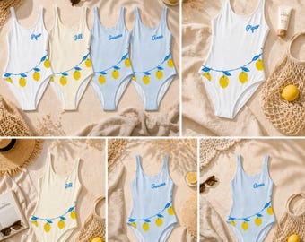 Lemon Bachelorette Swimsuit, Personalized Bridesmaid Swimsuit, Bride Squad Matching Swimwear, Girls Trip Outfit, Custom Name Swimsuit