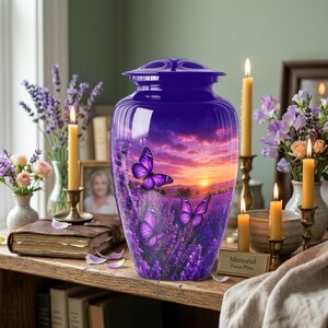 May include: A deep blue cremation urn featuring a printed scene of purple butterflies flying over a lavender field at sunset. The urn has a rounded lid and a smooth, glossy finish. A small rectangular plaque in front reads Name Plate.