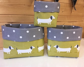 Handmade Dachshund Fabric Basket: Sausage Dog storage organiser