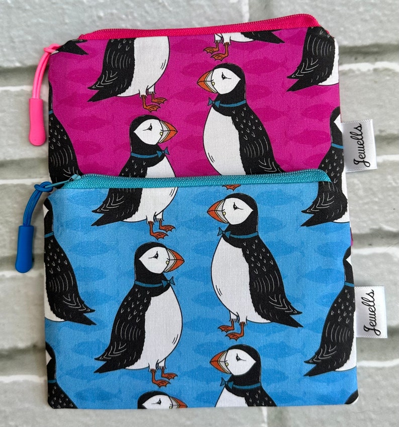 Blue or Pink Puffin fabric coin purse image 4