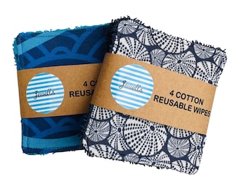 4 Cotton Towelling Wash Cloths Reusable Wipes Sea Urchin or Blue Waves