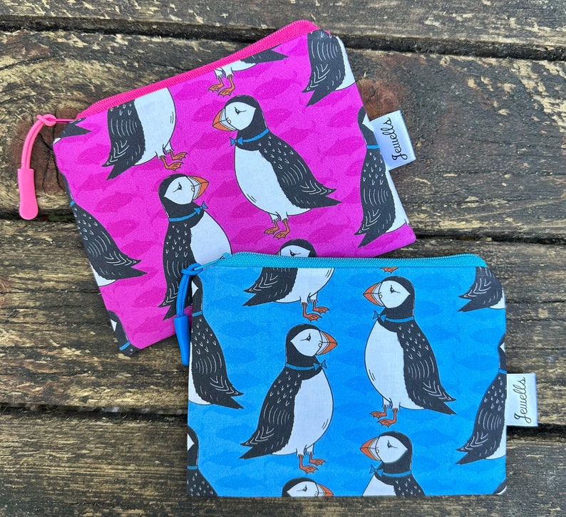 Blue or Pink Puffin fabric coin purse image 3