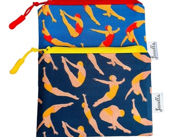 Retro Swimming Diving Diver Swimmer fabric coin purse pouch swimming plain red yellow