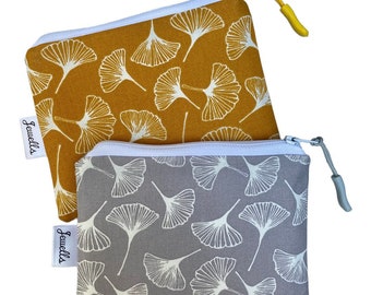 Ginkgo Gingko Leaf fabric purse pouch grey or mustard 2 sizes