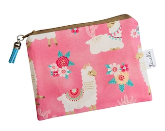 Llama fabric coin purse pouch pink turquoise peach alpaca