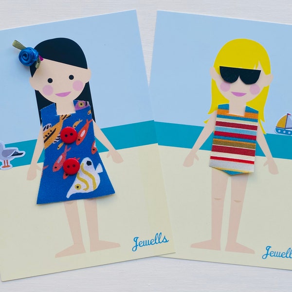 Dress Up Doll Craft Kit 4 postcards fabric clothes buttons stickers beach swimming