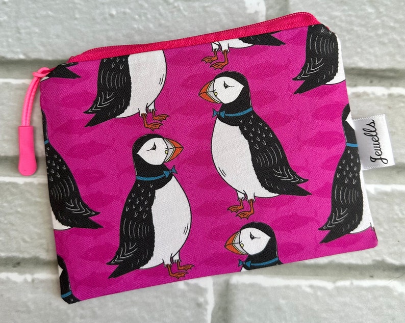 Blue or Pink Puffin fabric coin purse image 5
