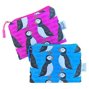 Blue or Pink Puffin fabric coin purse image 1