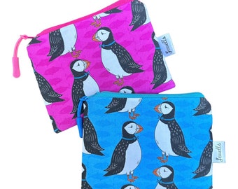 Blue or Pink Puffin fabric coin purse