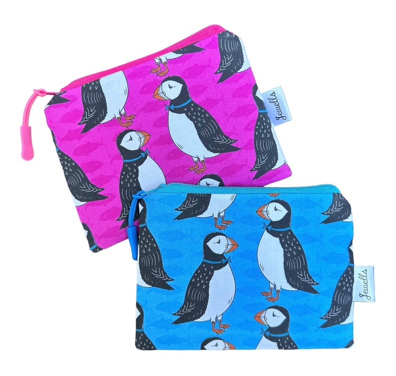 Blue or Pink Puffin fabric coin purse image 1