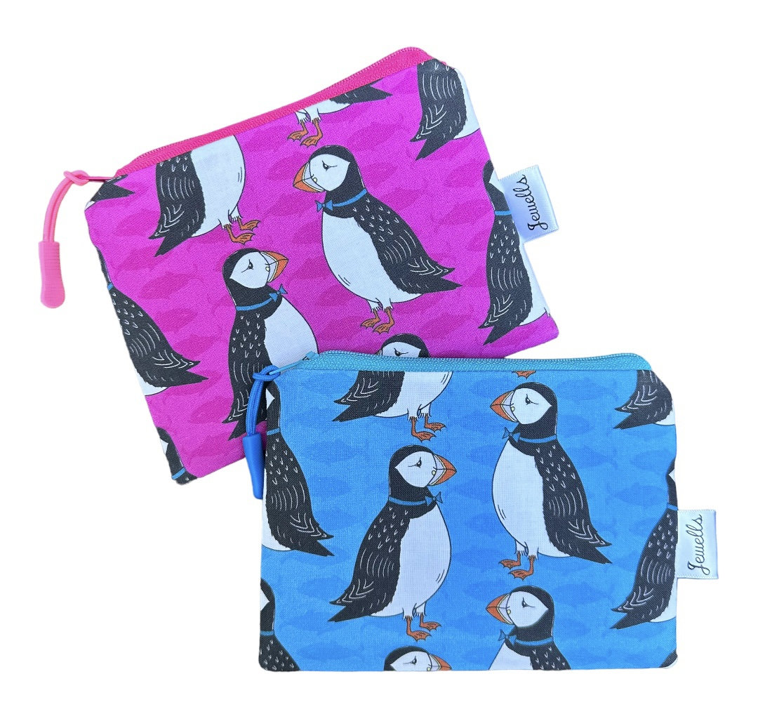 Blue or Pink Puffin fabric coin purse