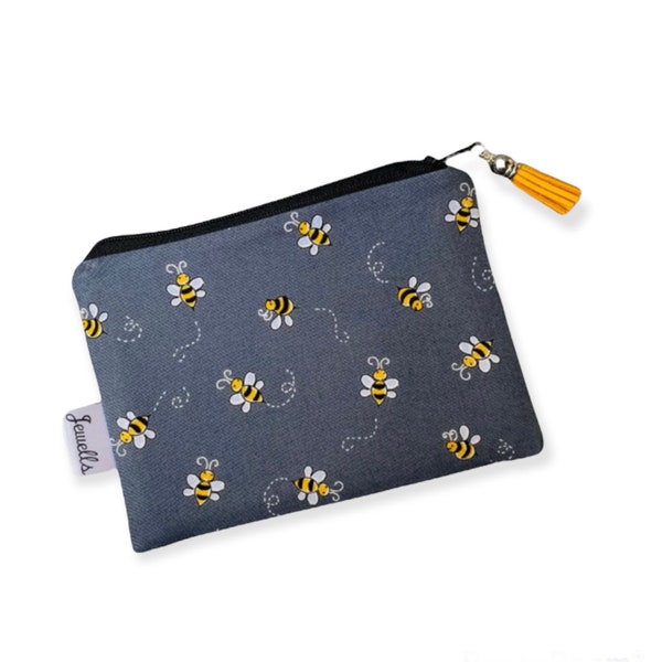 Fabric Coin Purse pouch Bees Bumble Bees Gold Grey