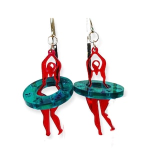 Resin Swimmer Lady dangle earrings with swim ring red green