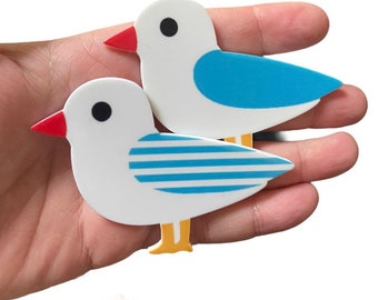 Jumbo Large Sized Resin Seagull brooch - blue grey red rainbow stripe