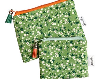 Ditsy Flower Floral fabric coin purse pouch green gold silver