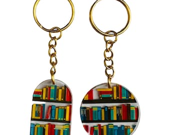 Book Bookcase gold plated keyring