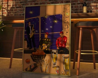 Póster de música en vivo de trío de jazz / Ilustración de saxofonista, cantante y guitarra (impresión digital)