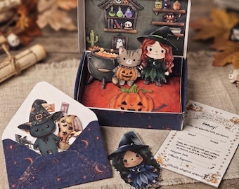 Domek dla lalek z papieru Pocket Pals na Halloween z czarownicą i czarnym kotem | Zabawka na Halloween do druku | Lalka czarownica i kot | Mini kieszonkowy przyjaciel
