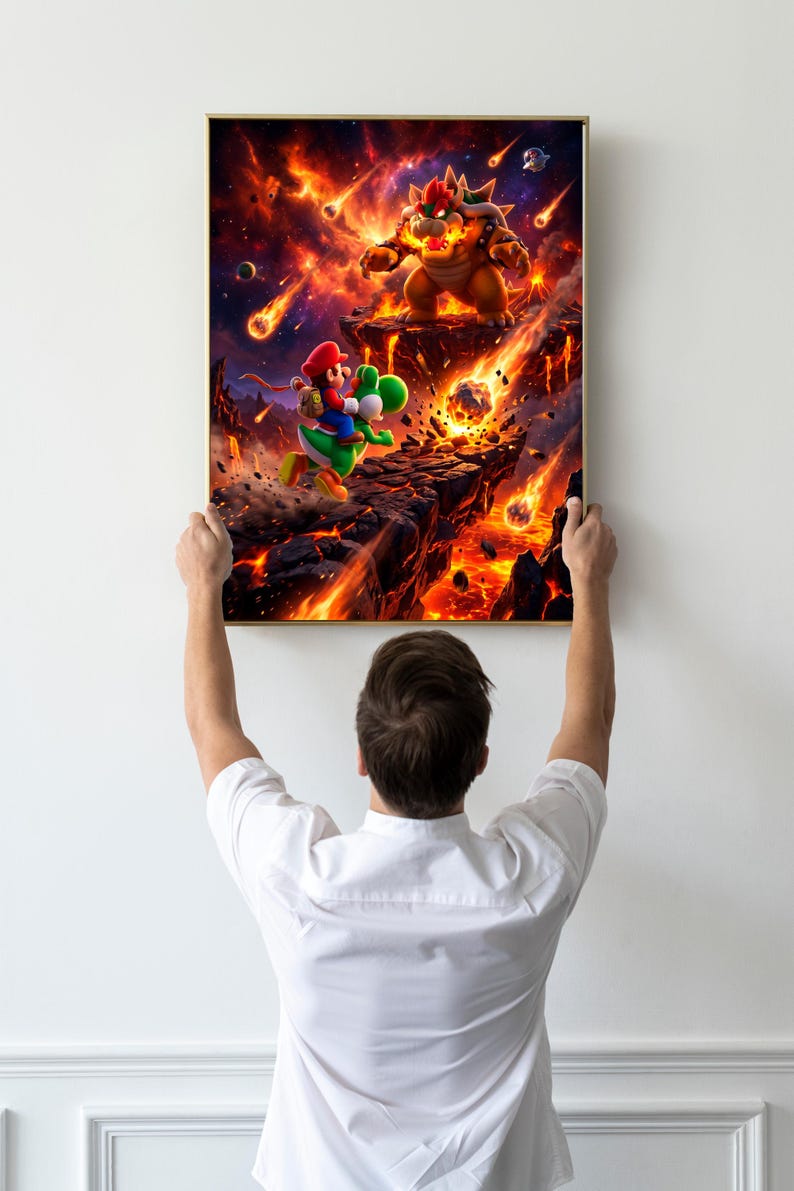 May include: A framed print featuring a dynamic scene from a video game. Mario and Yoshi are running away from Bowser, who is standing on a fiery landscape. The background is filled with explosions and falling debris.