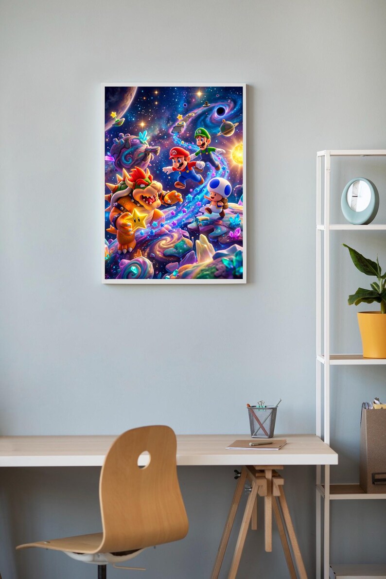 Puede incluir: Un estampado enmarcado con una vibrante y colorida ilustraci&oacute;n de personajes de la serie de videojuegos Super Mario. La obra representa a Mario, Luigi, Toad y Bowser en un entorno c&oacute;smico con estrellas y planetas.