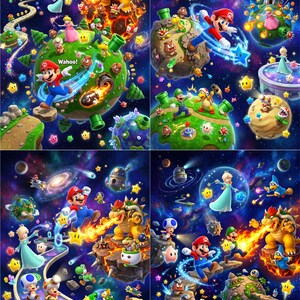 May include: A four-panel digital illustration featuring Mario, Luigi, Princess Peach, Rosalina, Bowser, and Toad characters in a vibrant space setting. The scenes include planets, stars, galaxies, green pipes, and fire effects with the text Wahoo!