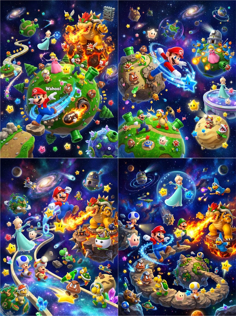 May include: A four-panel digital illustration featuring Mario, Luigi, Princess Peach, Rosalina, Bowser, and Toad characters in a vibrant space setting. The scenes include planets, stars, galaxies, green pipes, and fire effects with the text Wahoo!