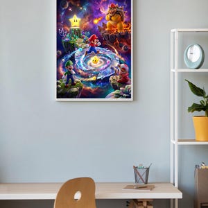 Puede incluir: Impresi&oacute;n enmarcada que presenta una escena de fantas&iacute;a con personajes de videojuegos. La obra de arte muestra un paisaje c&oacute;smico con Mario, Luigi y Bowser. El fondo presenta galaxias arremolinadas e islas flotantes.