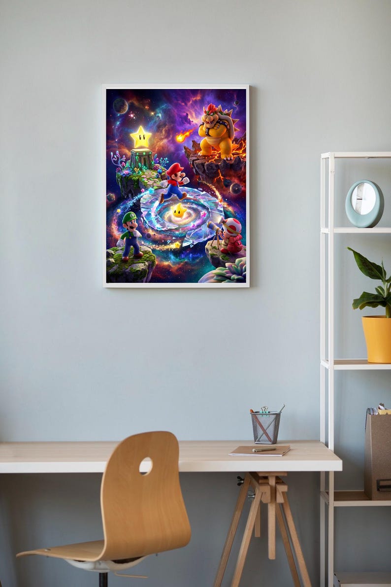 Puede incluir: Impresi&oacute;n enmarcada que presenta una escena de fantas&iacute;a con personajes de videojuegos. La obra de arte muestra un paisaje c&oacute;smico con Mario, Luigi y Bowser. El fondo presenta galaxias arremolinadas e islas flotantes.