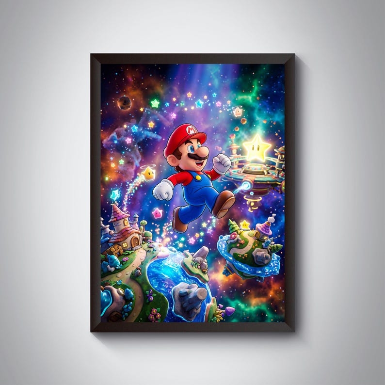 May include: A framed print of Mario from the Super Mario video game series. The image shows Mario running through a colourful, fantastical landscape with floating islands, stars, and a vibrant, starry sky. The artwork is framed in a black border.