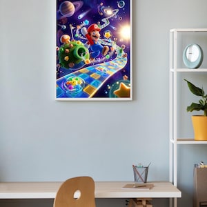 Puede incluir: Impresi&oacute;n enmarcada que presenta a Mario en un entorno espacial. Mario, con su gorra roja y su mono azul, corre por un camino colorido. La obra de arte incluye planetas, estrellas y otros elementos celestiales.