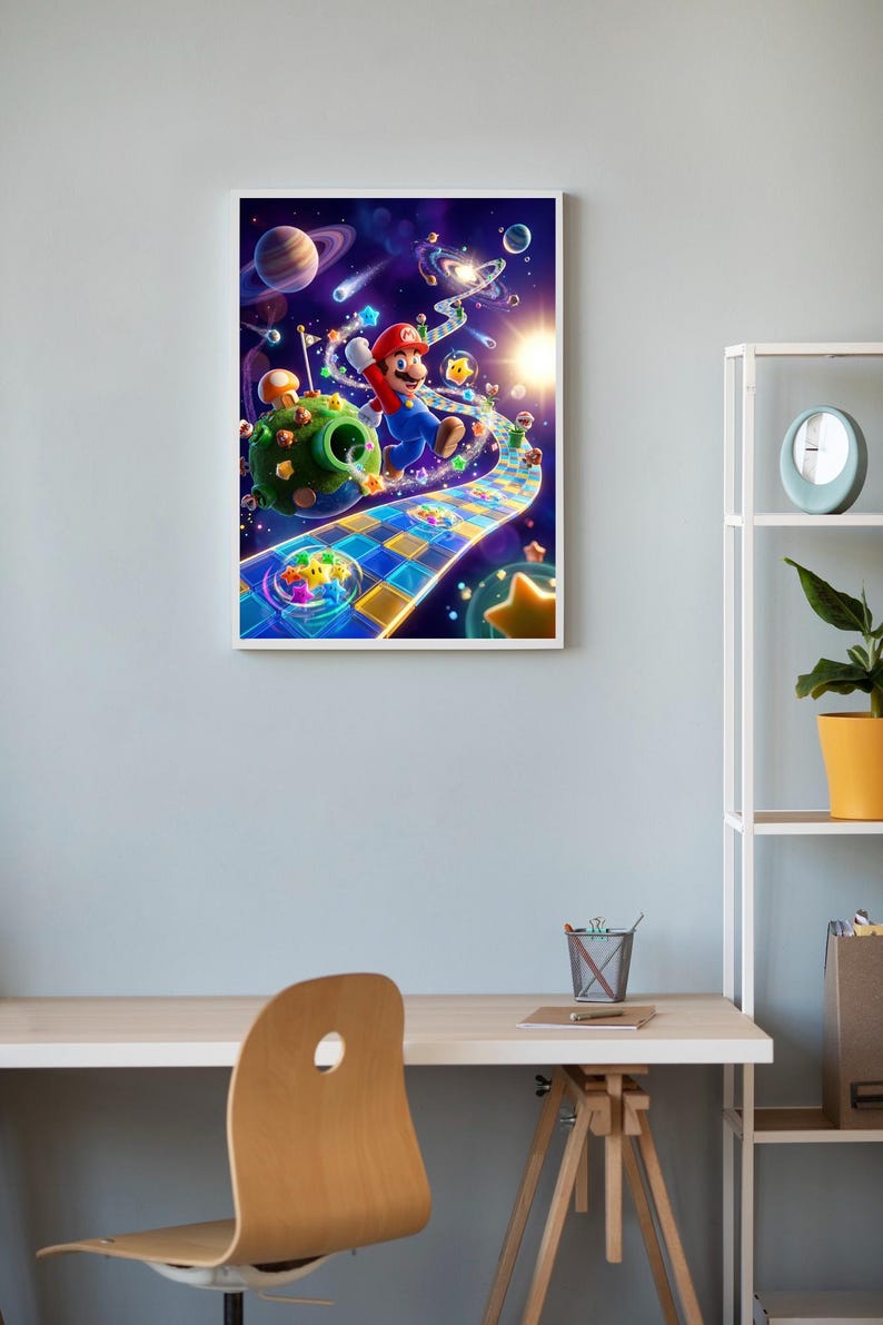 Puede incluir: Impresi&oacute;n enmarcada que presenta a Mario en un entorno espacial. Mario, con su gorra roja y su mono azul, corre por un camino colorido. La obra de arte incluye planetas, estrellas y otros elementos celestiales.