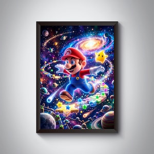 May include: Framed artwork featuring Mario running through a vibrant galaxy. The artwork showcases Mario in his signature red cap and blue overalls, surrounded by stars, planets, and a colorful pathway. A yellow star character is also present, adding to the whimsical theme.