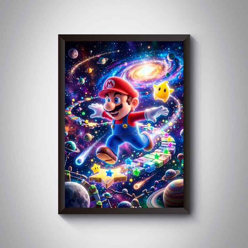 May include: Framed artwork featuring Mario running through a vibrant galaxy. The artwork showcases Mario in his signature red cap and blue overalls, surrounded by stars, planets, and a colorful pathway. A yellow star character is also present, adding to the whimsical theme.