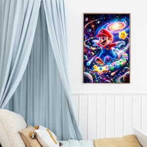 May include: A framed print featuring a vibrant illustration of Mario in a space-themed setting. Mario, in his signature red cap and blue overalls, is depicted mid-jump. The background showcases a colorful galaxy with stars and planets.