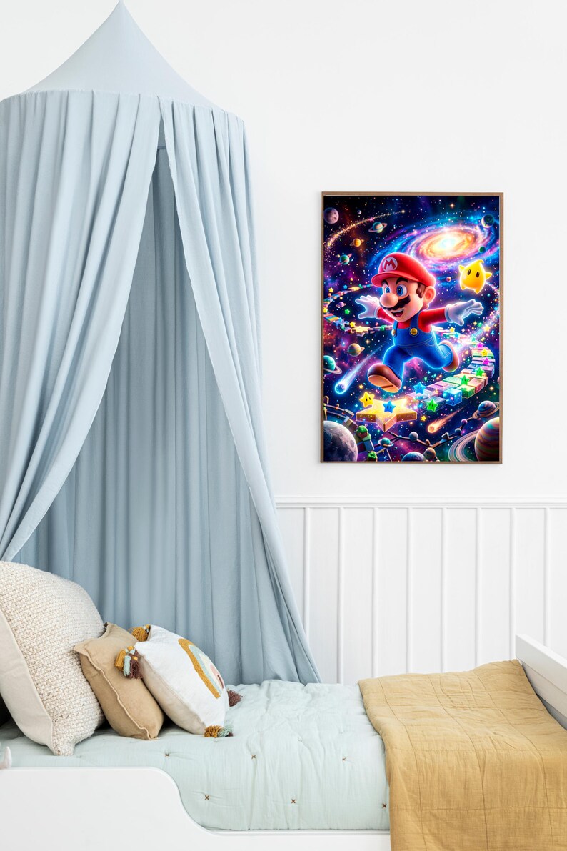 May include: A framed print featuring a vibrant illustration of Mario in a space-themed setting. Mario, in his signature red cap and blue overalls, is depicted mid-jump. The background showcases a colorful galaxy with stars and planets.