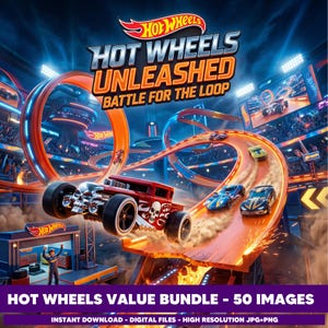 Może przedstawiać: Obraz promocyjny dla Hot Wheels Unleashed, przedstawiający czerwony samochód z motywem czaszki ścigający się na pomarańczowym torze. Obraz zawiera logo gry i tekst "BATTLE FOR THE LOOP". Dolny baner głosi "HOT WHEELS VALUE BUNDLE - 50 IMAGES".