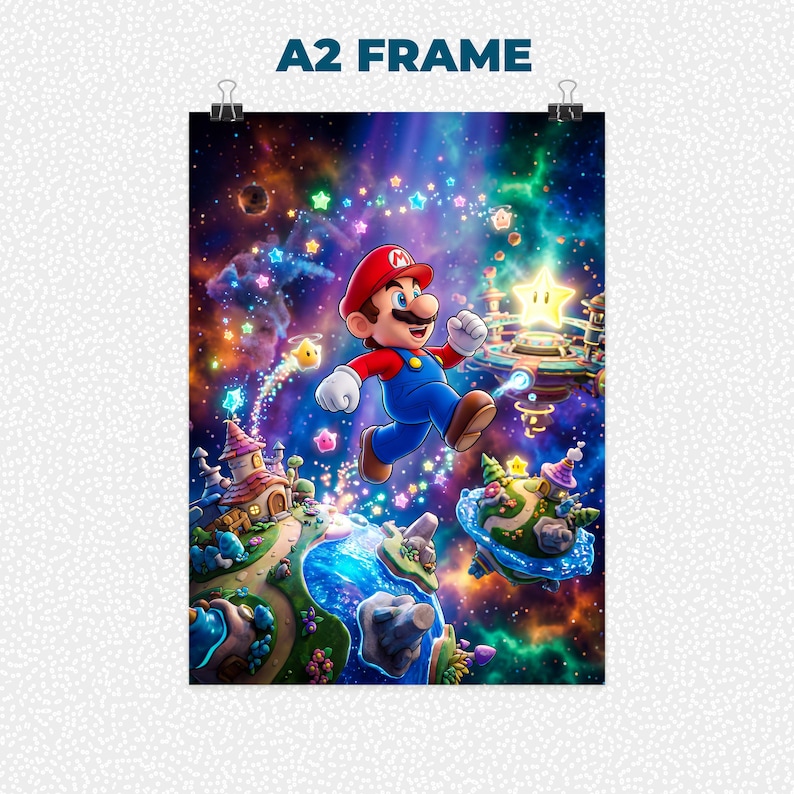 May include: A2 frame poster with a colourful illustration of Mario in a fantastical landscape. The artwork shows Mario in his red hat and blue overalls, jumping through a starry sky with floating islands and whimsical structures.
