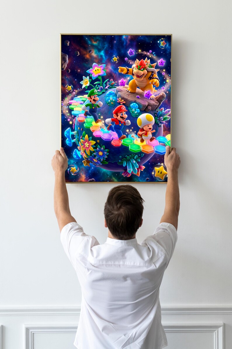 May include: A framed print featuring a vibrant scene from a video game. The artwork depicts characters on a colorful path with a cosmic background. The print is held up by a person.
