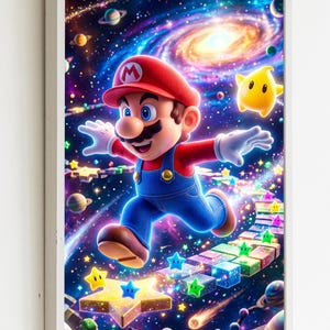 May include: A framed print featuring Mario in a vibrant space scene. Mario, in his signature red cap and blue overalls, is depicted mid-jump. The background showcases a colorful galaxy with planets, stars, and a yellow star character.